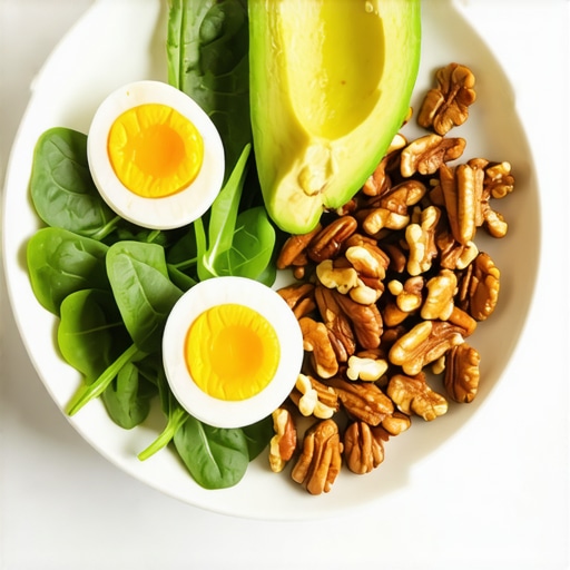 A nutritious high-protein breakfast with eggs, vegetables, and nuts to boost morning nutrition.