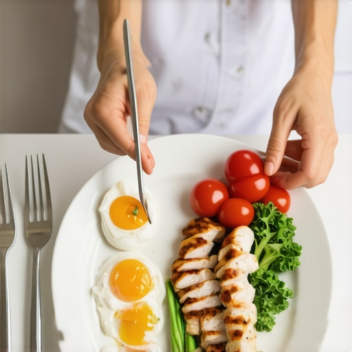 A plate with eggs, yogurt, and chicken breast showcasing protein-rich foods.