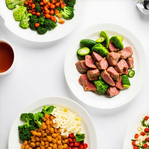 A variety of prepared protein-rich foods ready for meal prep in a kitchen setting.