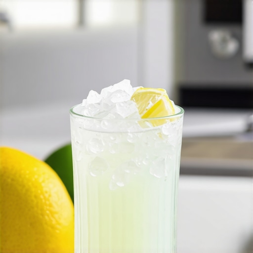 A refreshing homemade electrolyte drink in a glass with lemon slices and sea salt on a kitchen counter.