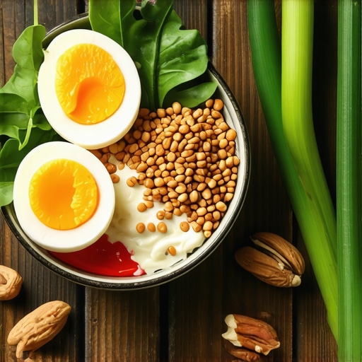 Colorful plate featuring eggs, vegetables, nuts, and whole grains for a balanced breakfast