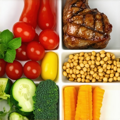 Balanced meal plate with vegetables, lean protein, healthy fats, and grains