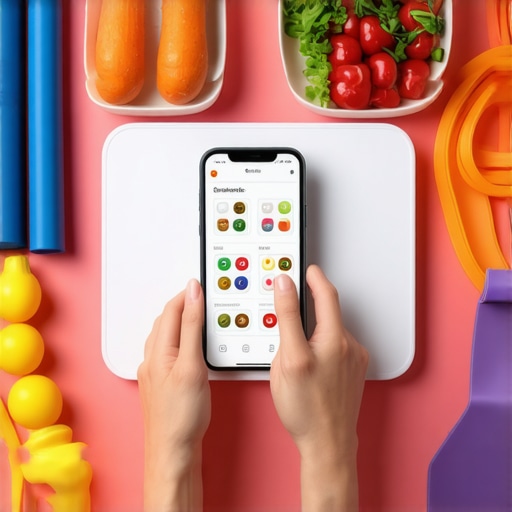 Person weighing food on digital scale, using smartphone app for tracking, with resistance bands nearby.