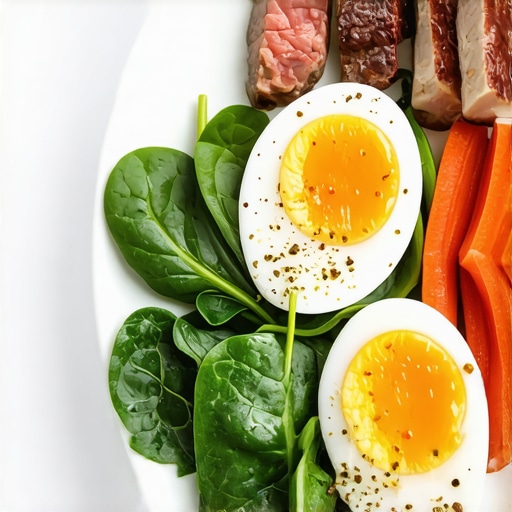 A colorful plate of eggs with spinach and lean meat, emphasizing iron sources for diet optimization