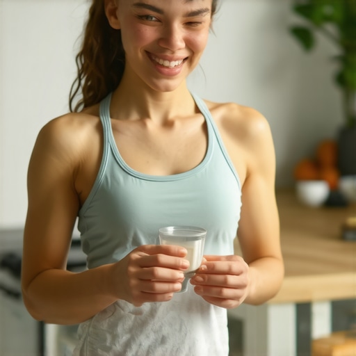 Magnesium Supplementation for Better Recovery Person holding magnesium supplement and smiling in kitchen