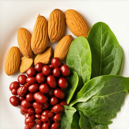 Assorted magnesium-rich foods including almonds, spinach, and beans arranged on a plate.