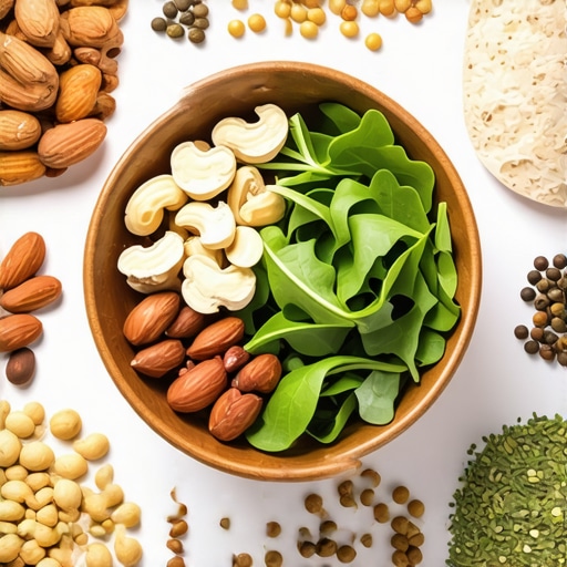 Assorted nuts, leafy greens, and seeds displayed together for magnesium intake