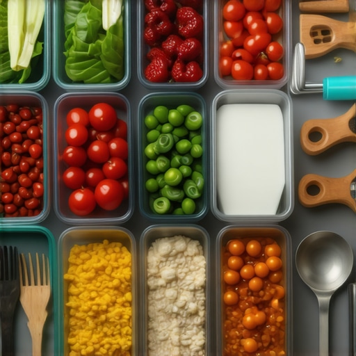 Meal Prep Station for Weight Loss Success A organized kitchen counter with meal prep containers and fresh ingredients for a week of meals.