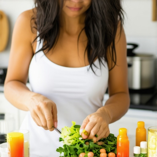 A woman organizing healthy meals and medication bottles for weight loss in a modern kitchen.