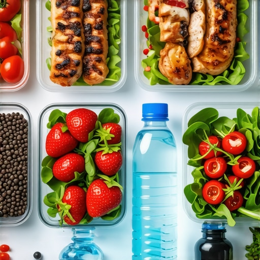 A prepared plate of high-protein foods and vegetables with hydration tools on a kitchen counter