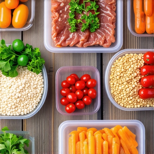A healthy meal prep spread with chicken, vegetables, and grains