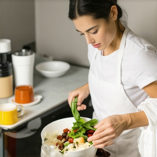 Person preparing high-protein breakfast with medication on the table