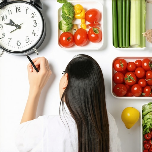 Meal Timing Planning with Clock and Foods Person organizing meals around a clock with healthy foods on the table