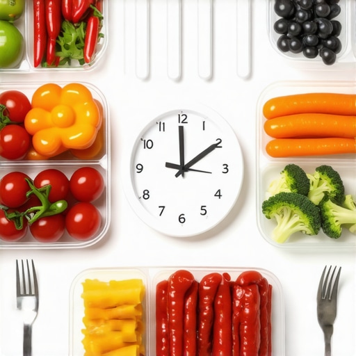 A visual of a meal schedule with healthy foods and clock