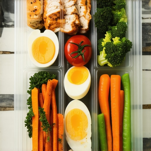 Meal prep containers filled with chicken, eggs, and vegetables on a kitchen counter