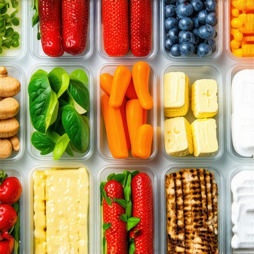 An array of high-protein foods and meal prep containers ready for the week