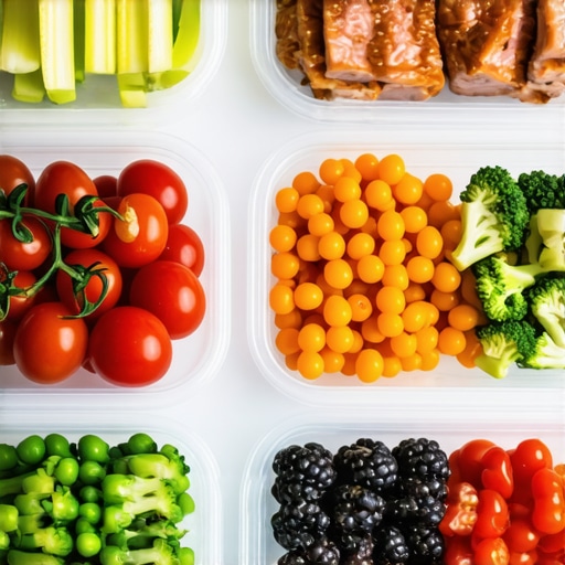 Healthy meal components like grilled chicken, vegetables, and grains arranged on a plate