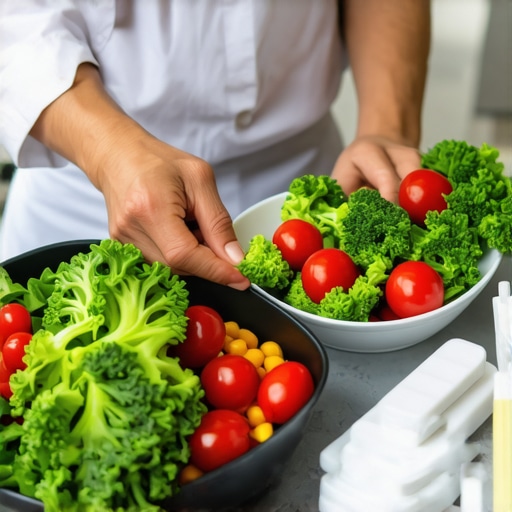 Person chopping vegetables and cooking in the kitchen with medication syringes nearby