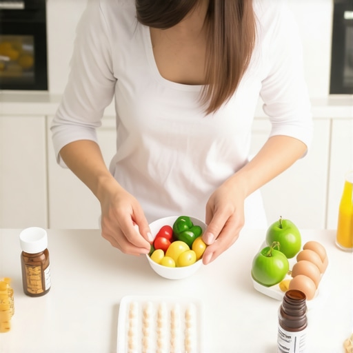 Person preparing healthy meals with medication and supplements in a modern kitchen