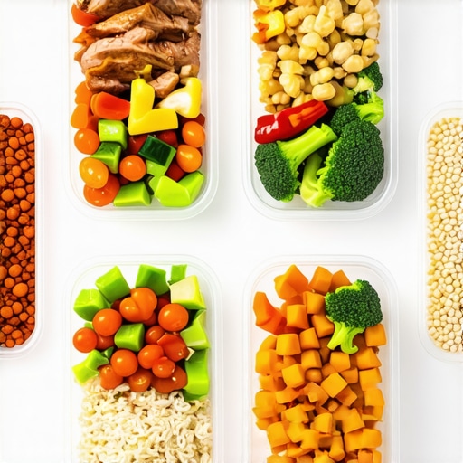 An organized meal prep display featuring high-protein foods and vegetables for weight management