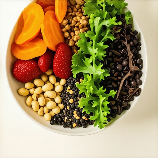 Colorful assortment of nuts, seeds, and leafy greens on a plate