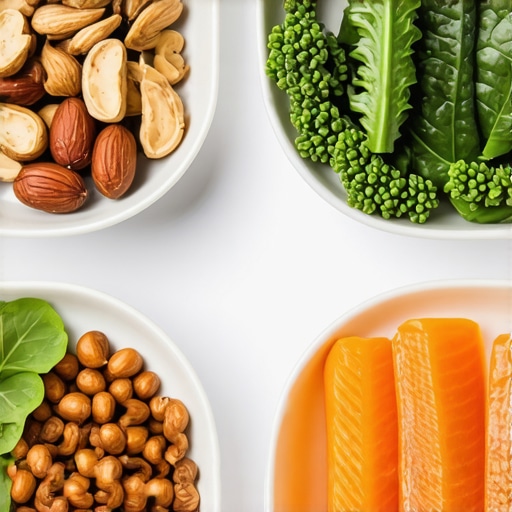 Assorted nuts, leafy greens, seafood on a kitchen countertop ready for meal prep