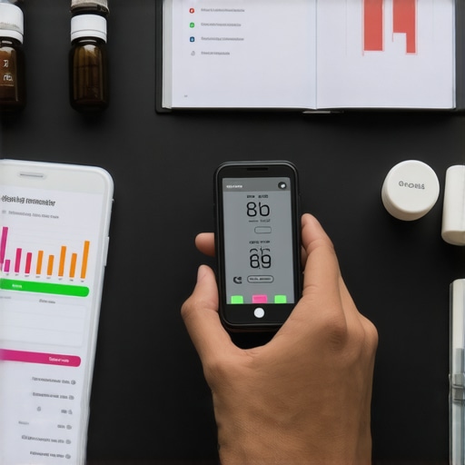 A person monitoring health data on a mobile device with a blood glucose monitor and dietary plan