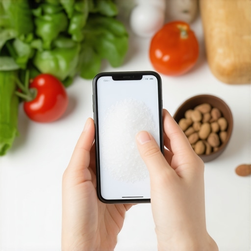 A person using a mobile app to track salt intake with healthy foods around them.