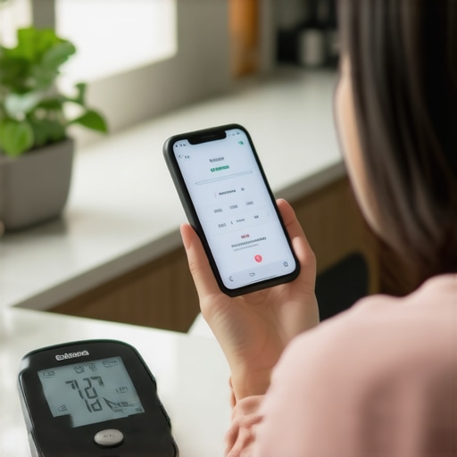 Person tracking nutrition and medication on a smartphone with a glucose monitor in the background.