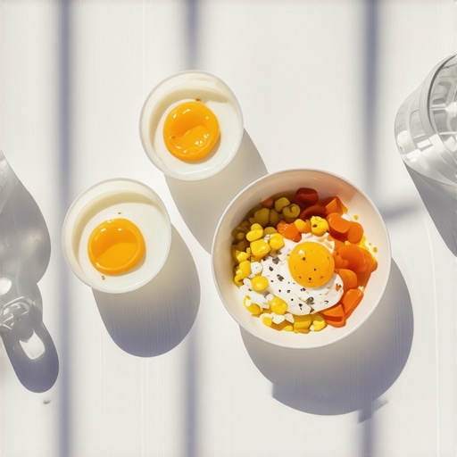 A breakfast plate with eggs and yogurt alongside a glass of water on a sunny table