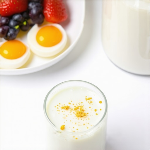 A nutritious breakfast plate with eggs, Greek yogurt, and a protein shake arranged neatly, illustrating optimal morning protein habits.