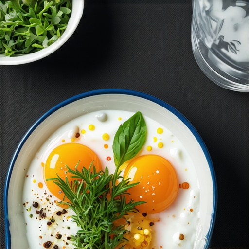 Plate with eggs, Greek yogurt, herbs, and a glass of water for weight loss support