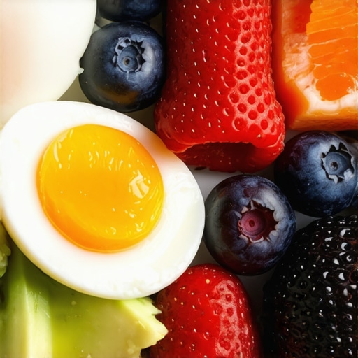 A colorful breakfast plate featuring eggs, avocado slices, and berries, showcasing healthy morning choices