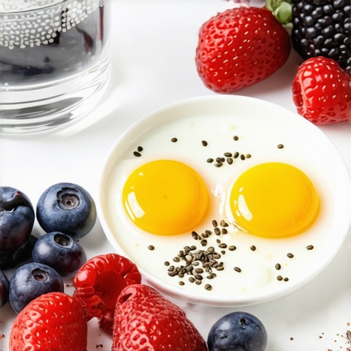 A vibrant breakfast plate with eggs, berries, chia seeds, and a glass of water infused with magnesium.