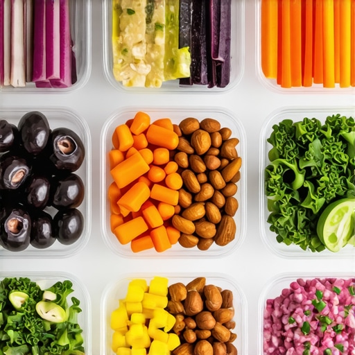 A vibrant meal prep display featuring vegetables, nuts, and leafy greens.