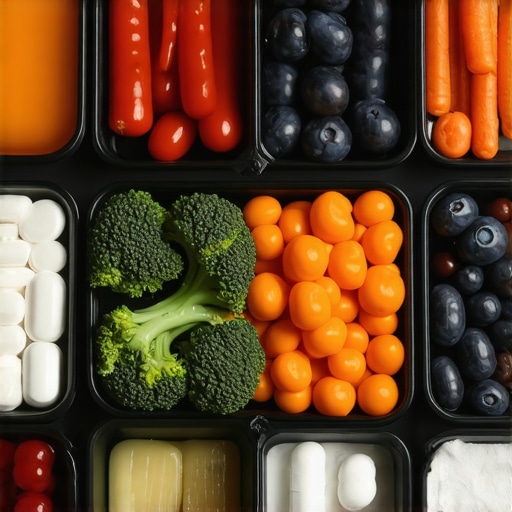 A colorful healthy meal plan illustrating fats, proteins, and vegetables