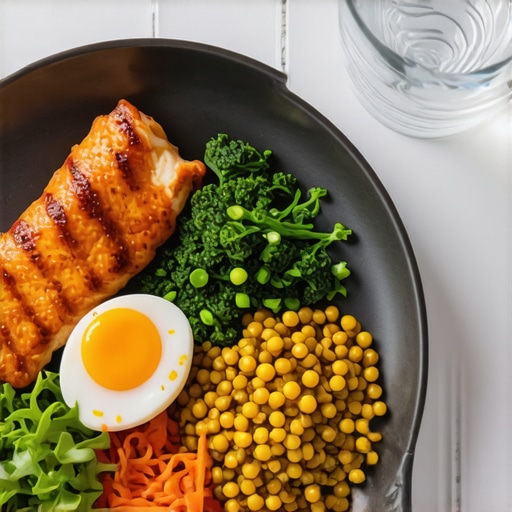 Plate with lean protein sources including chicken, eggs, and lentils, prepared in a clean kitchen