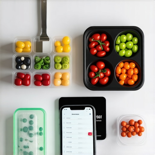Kitchen countertop with a digital food scale, meal containers, and a phone showing nutrition app.