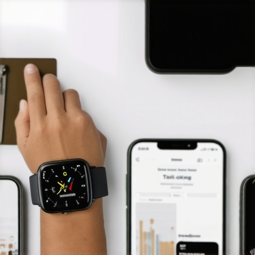 Person holding a smartwatch while reviewing fitness app on smartphone, illustrating weight loss tracking