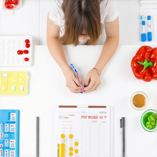 A person organizing healthy foods and medication bottles for a personalized diet plan