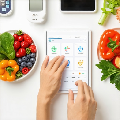 Person monitoring health data on a tablet with healthy foods and glucose monitor.