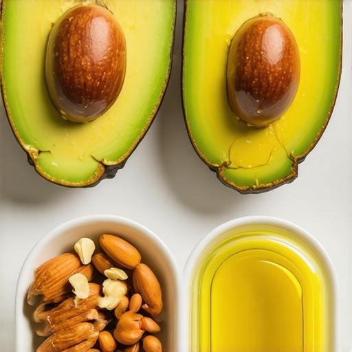 Assorted foods rich in healthy fats including avocados, nuts, and olive oil