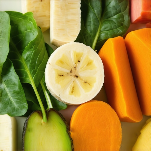Potassium-Powered Meal Plate A plate featuring various foods high in potassium such as bananas, spinach, sweet potatoes, and avocados.
