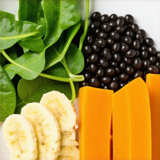Colorful assortment of healthy foods rich in potassium, including bananas, spinach, sweet potatoes, and beans.