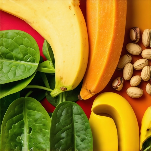 Potassium-rich Foods for Weight Management A plate showcasing bananas, spinach, sweet potatoes, and nuts as key sources of potassium to support medication-based weight loss.