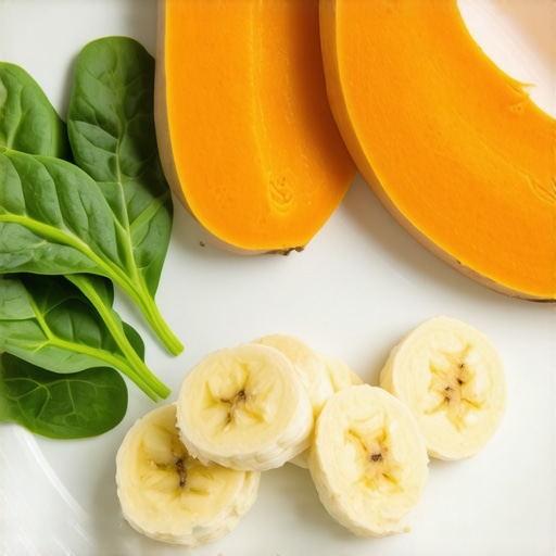 A colorful plate featuring bananas, sweet potatoes, and spinach to illustrate potassium-rich foods