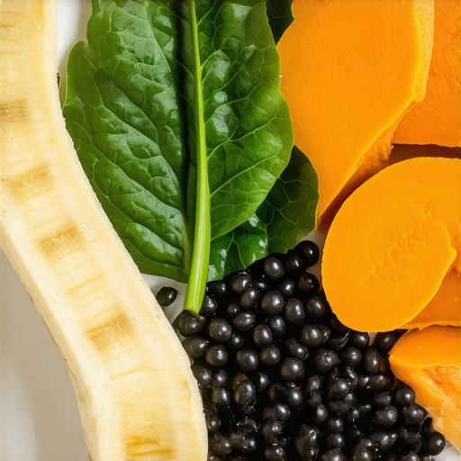 A colorful assortment of potassium-rich foods including bananas, sweet potatoes, spinach, and beans.