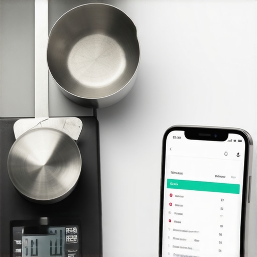 A modern digital kitchen scale connected to a smartphone app, illustrating accurate meal portioning for health