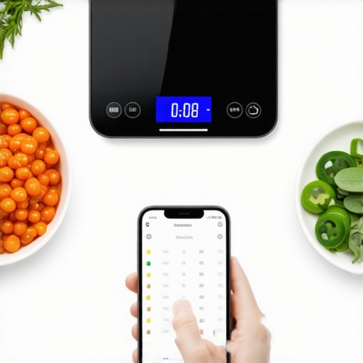 Person measuring food with a digital scale while tracking on a smartphone