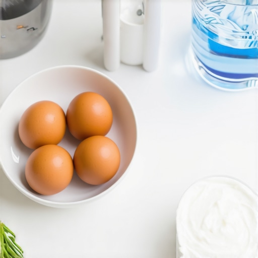 A plate with eggs, Greek yogurt, and a glass of water, ready for breakfast in a bright kitchen.